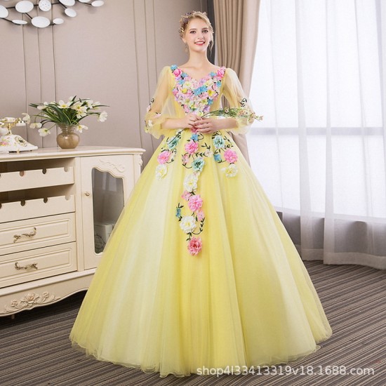 V-neck Quinceanera Dresses Long Sleeve Hand Flower Boho Wedding Party Dress Blue Gala Gowns Vestido De 15 Anos De Debutante V-neck Quinceanera Dresses Long Sleeve Hand Flower Boho Wedding Party Dress Blue Gala Gowns Vestido De 15 Anos De Debutante