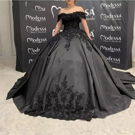 Gothic Black Wedding Dresses Ball Gown Off the Shoulder Short Sleeve Beading Lace Corset Back Vestidos de Novia Bridal Gowns Gothic Black Wedding Dresses Ball Gown Off the Shoulder Short Sleeve Beading Lace Corset Back Vestidos de Novia Bridal Gowns