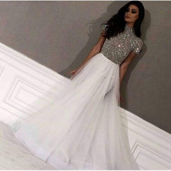 New Arrival High Neck White Evening Dresses Long Dubai Arabic Prom Gowns Silver Beading Formal Dress Party robe de soiree New Arrival High Neck White Evening Dresses Long Dubai Arabic Prom Gowns Silver Beading Formal Dress Party robe de soiree