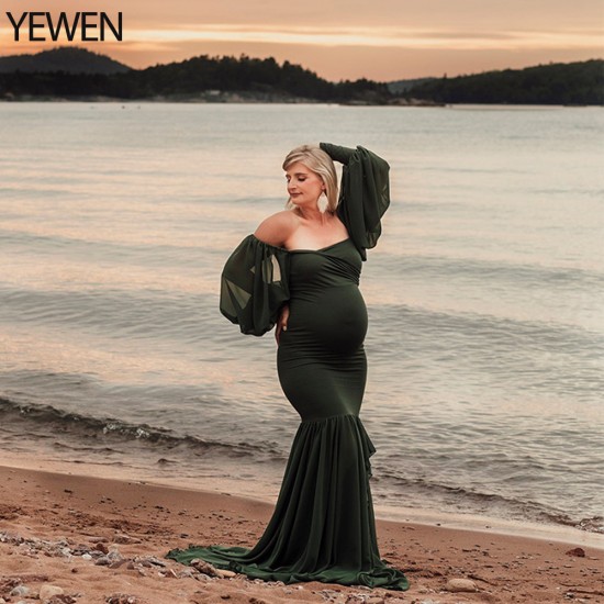 Elegant Woman Stretchy Fabric Evening Dress Long Puffy Sleeves Maternity Gown for Baby Shower Photography Dresses YEWEN Elegant Woman Stretchy Fabric Evening Dress Long Puffy Sleeves Maternity Gown for Baby Shower Photography Dresses YEWEN