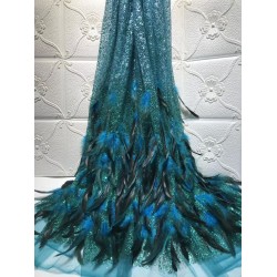 French net Lace with  glued gilliter with feather African Tulle embroidered Lace shining glued gilitter for nice dress