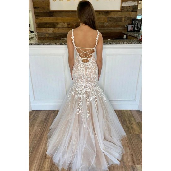 Lace Mermaid Prom Dresses Spaghetti Straps Corset Back Appliques Arabic Evening Runway Dresses Sweep Train Vestidos De Fiesta