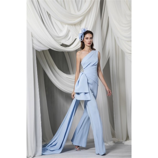 Sky Blue Prom Jumpsuit with Long Train One Shoulder Elegant Evening Dresses Ruffles Customize Vestidos Formal Robe De Soirée Sky Blue Prom Jumpsuit with Long Train One Shoulder Elegant Evening Dresses Ruffles Customize Vestidos Formal Robe De Soirée
