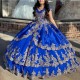 Elegant Off the Shoulder Royal Blue Quinceanera Dresses With Gold Appliqued Ball Gowns Prom Dresses Lace-up 16 Party Gowns Elegant Off the Shoulder Royal Blue Quinceanera Dresses With Gold Appliqued Ball Gowns Prom Dresses Lace-up 16 Party Gowns