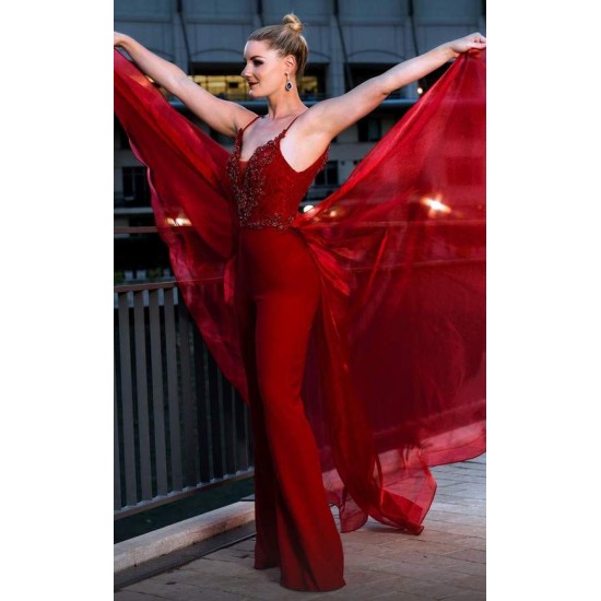 Red Jumpsuits Prom Dresses With Detachable Train Spaghetti V Neck Arabic Lace Sequined Evening Gowns Formal Party Red Jumpsuits Prom Dresses With Detachable Train Spaghetti V Neck Arabic Lace Sequined Evening Gowns Formal Party