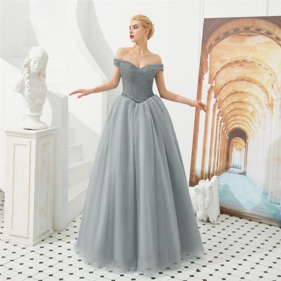 Off Shoulder A-Line Prom Dresses Beading Tulle Floor Length Custom Made Lace Up Back Women Evening Party Gowns Plus Size Off Shoulder A-Line Prom Dresses Beading Tulle Floor Length Custom Made Lace Up Back Women Evening Party Gowns Plus Size