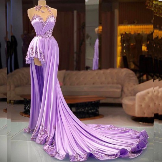 Lilac Halter Prom Dresses Sexy Beading Evening Dress High Neck Pleat Side Split Appliqued Long Party Gowns Robe de mariée Lilac Halter Prom Dresses Sexy Beading Evening Dress High Neck Pleat Side Split Appliqued Long Party Gowns Robe de mariée