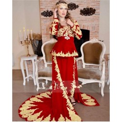 Karakou Algeria Caftan Evening Dresses Long Sleeve 2021 Red Velvet Gold Lace Peplum Occasion Evening Gown Wear