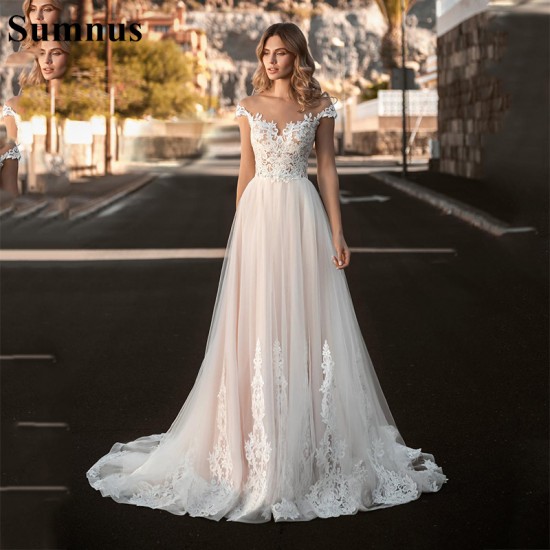 Sumnus Pink Wedding Dresses Boho illusion Back Tulle Beach Bridal Gowns Cap Sleeves Princess White Wedding Gown Plus Size Sumnus Pink Wedding Dresses Boho illusion Back Tulle Beach Bridal Gowns Cap Sleeves Princess White Wedding Gown Plus Size