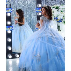 Princess Sky Blue Quinceanera Dresses With Cape Gold Lace Appliqued Vestidos De Quinceañera Sweetheart Sweet 16 Dress