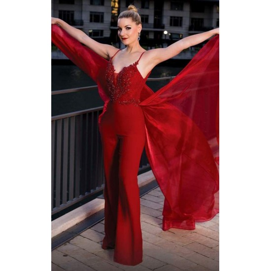 Red Jumpsuits Prom Dresses With Detachable Train Spaghetti V Neck Arabic Lace Sequined Evening Gowns Formal Party Red Jumpsuits Prom Dresses With Detachable Train Spaghetti V Neck Arabic Lace Sequined Evening Gowns Formal Party