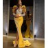 Yellow Satin Memaid Prom Dresses Sheer Neck Silver Lace Appliqued Long Sleeves Plus Size African Women Evening Party Gowns
