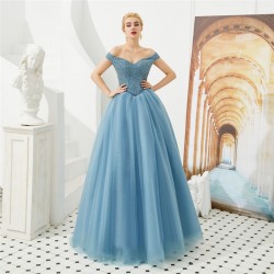 Off Shoulder A-Line Prom Dresses Beading Tulle Floor Length Custom Made Lace Up Back Women Evening Party Gowns Plus Size