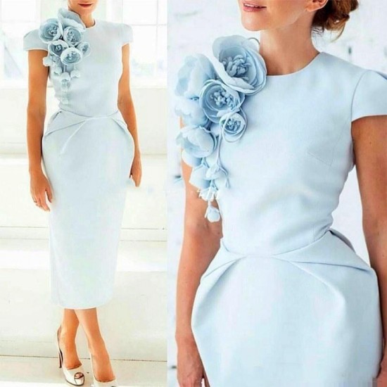 Short Sleeves Sheath Mother of the Bride Dresses with Floral Flowers Tea Length Formal Party Evening Cocktail Dresses Cheap Short Sleeves Sheath Mother of the Bride Dresses with Floral Flowers Tea Length Formal Party Evening Cocktail Dresses Cheap