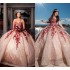 Pretty Rose Gold and Red Lace Quince Dresses 2021 Sweetheart Lace-up Corset Top Sparkly Sequins Applique Quinceanera Dresses