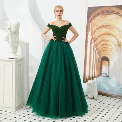 Off Shoulder A-Line Prom Dresses Beading Tulle Floor Length Custom Made Lace Up Back Women Evening Party Gowns Plus Size