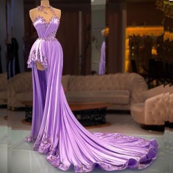 Lilac Halter Prom Dresses Sexy Beading Evening Dress High Neck Pleat Side Split Appliqued Long Party Gowns Robe de mariée
