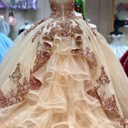 Glitter Rose Gold Sequins Quinceanera Dresses Lace Applique Girls Princess Ball Gown Pageant Gowns Formal prom Dress
