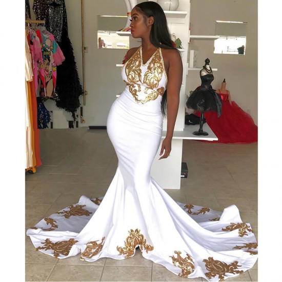 Sexy Halter Mermaid Prom Dresses V-Neck Gold Appliques Lace Evening Party Gowns African Occasion Evening Wear Custom Made Sexy Halter Mermaid Prom Dresses V-Neck Gold Appliques Lace Evening Party Gowns African Occasion Evening Wear Custom Made